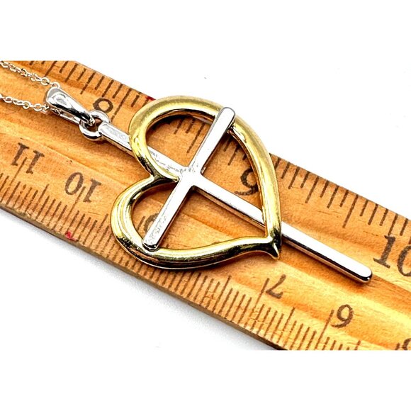 Abstract Heart Cross Two Tone Necklace Gold Plating 925 Italy Chain - Picture 7 of 9